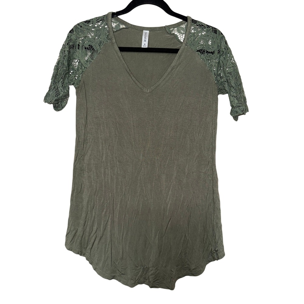 Zenana Signature Olive Green Lace Sleeve V Neck Tunic Top Women's Medium